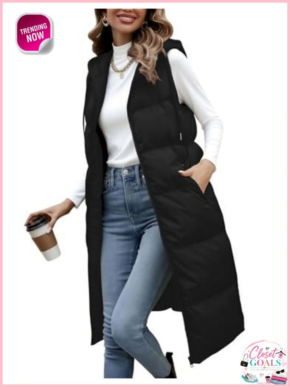 Long Quilted Puffer Vest Hooded Zip Up Sleeveless Winter Outerwear